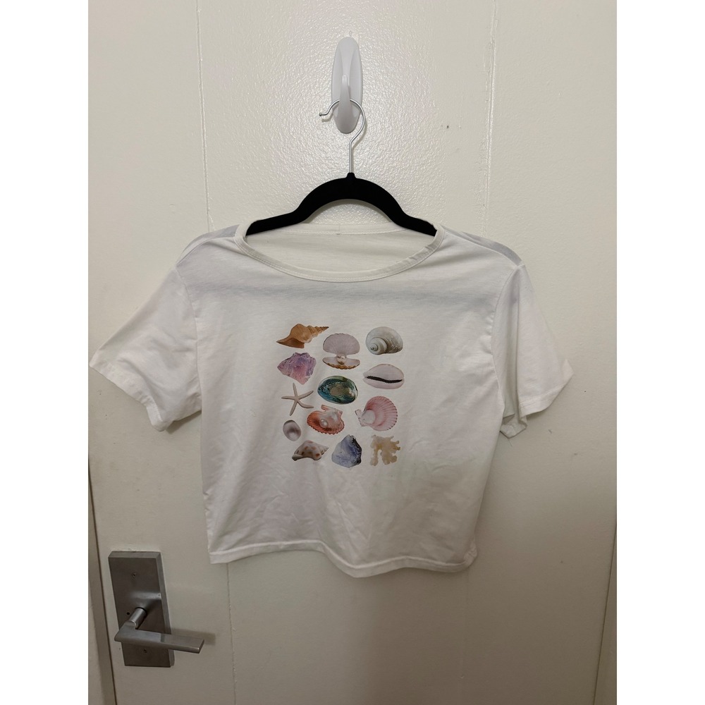 Womens White Sea Shell Graphic Crop Top Short Sleeve Coastal Beach Tee L